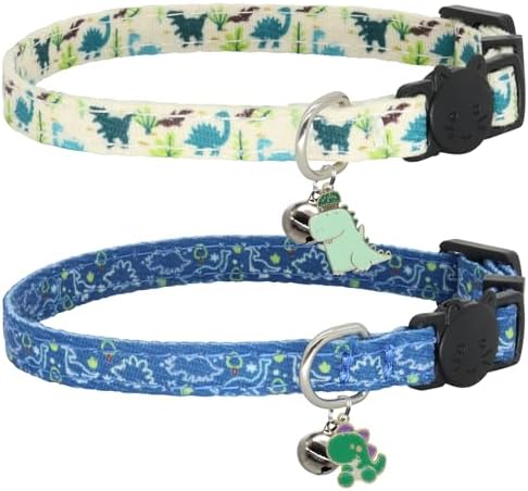 Giecooh Cotton Cat Collar, 2 Pack Breakaway Cats Collars with Bells, for Girl Boy Kittens, Dinosaur