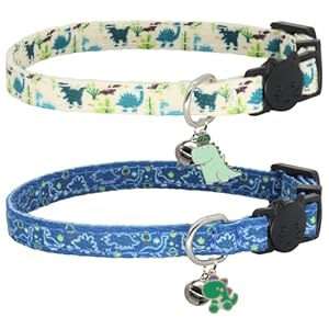 Cat Collar Breakaway, 2 Pack Cotton Cats Collars with Bells, Cute Dinosaurs Shaped for Girl Boy Kittens