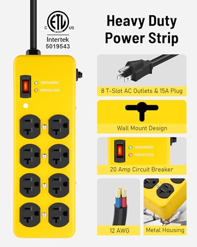KeBen Extensión 20A Heavy Duty Power Strip Protector contra Sobretensiones, Amarillo, Calibre 12, 8 tomas, 10 pies miniatura 2