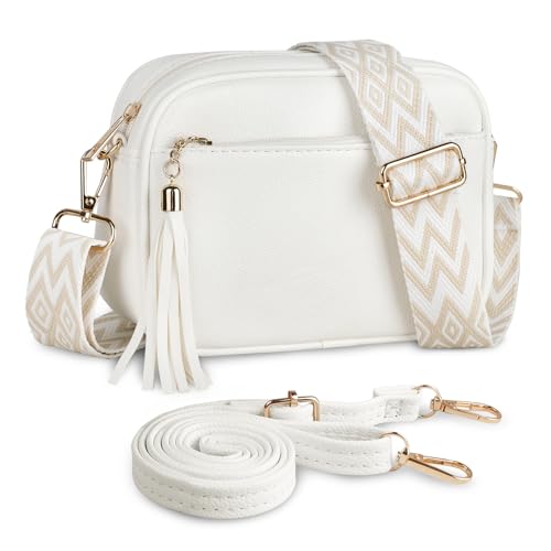 Kememo Klein Umhängetasche für Damen Handtaschen und Schultertaschen aus Kunstleder mit verstellbarem breiten Riemen für Reisen Einkaufen Arbeit und den täglichen Gebrauch Weiß