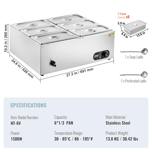 VEVOR kommerzieller Speisenwärmer 6 x 5 Qt Speisebehälter (1/3 Größe), elektrische Warmhalteplatte, 1500 W professionelles Buffet-Set aus Edelstahl, Buffet-Bain-Marie, 30–85 °C Temperaturregelung – Bild 8