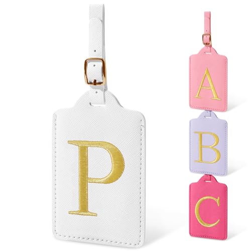 Image of Initial Letter Luggage Tags for Suitcases, Personalized Embroidered Letter Luggage Bag Suitcase Identifier Name Tag, Cute PU Leather Travel Luggage Tags, Bag Tags for Luggage Handbags(White P)