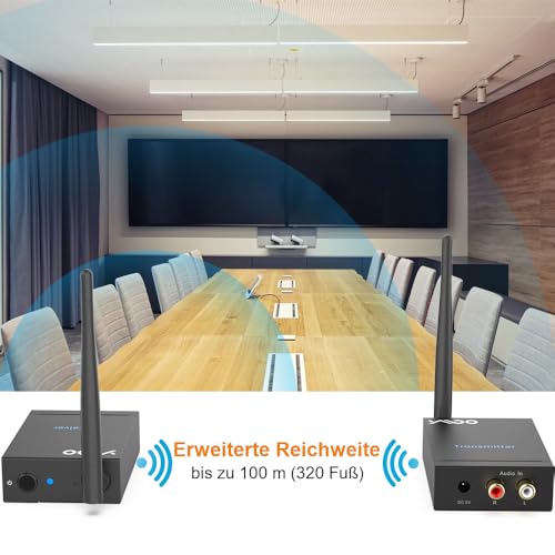 YMOO 2,4GHz Audio funkübertragung Sender Empfänger Kit, Cinch 3.5mm Klinke Audio Adapter, 20ms niedrige Latenz, 48kHz/24Bit HiFi Stereo für TV/PC zu Lautsprecher/CD Player/Amp,320 Fuß – Bild 5