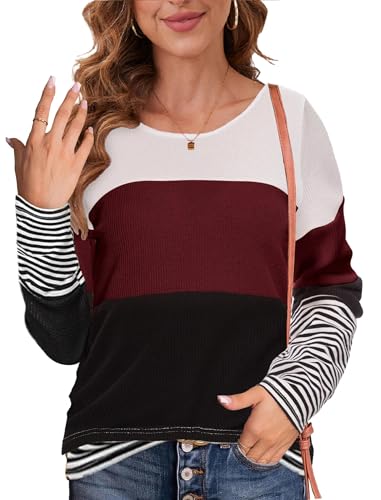KINGFEN Womens Long Sleeve Color Block Tops Striped Casual Crewneck T Shirts Waffle Knit Sweaters