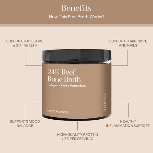 Image of Kroma 24K Beef Bone Broth Powder - 10 Servings Jar, 7.8 Oz - 100% Grass Fed Gluten Free Powder - Collagen-Rich High Protein Broth w /Organic Ingredients - Animal Based Protein for Gut Health & Joint Support