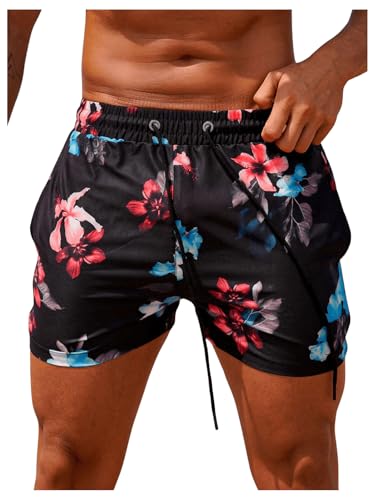 SOLY HUX Men's Floral Print Swim Trunks Drawstring Waist Quick Dry Board Shorts with Pockets