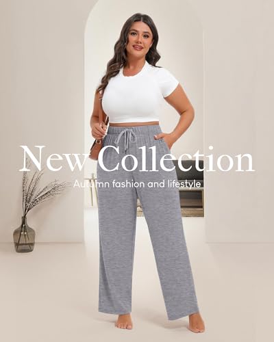 3 Pack Women's Plus Size Wide Leg Pants Drawstring Lounge Pants with Pockets Loose Yoga Sweatpants Casual Jogger3