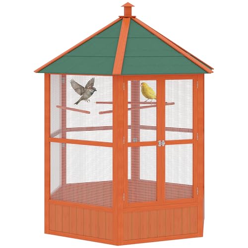 PawHut 44 Hexagon Covered Canopy Bird Cage Portable Aviary Flight Cage with Stand for Cockatiels Conures Lovebirds Budgies & Small Birds Orange