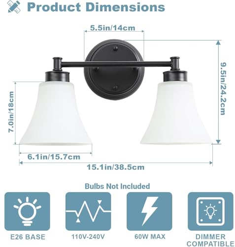 Image of LOUSACE 2 Light Bathroom Vanity Light Matte Black Bathroom Lighting Fixtures Over Mirror with Opal White Frosted Glass, Vintage Traditional Wall Lighting Fixture Vanity Lights