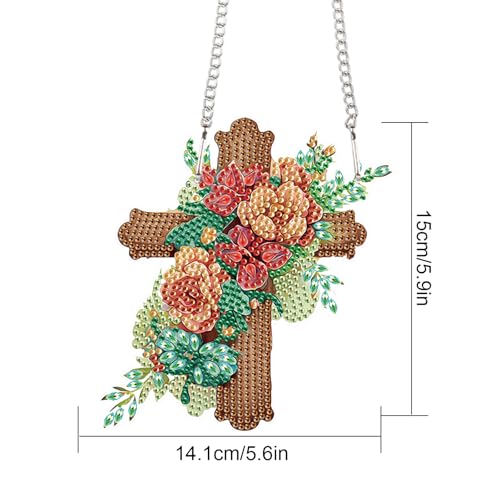 Image of 5D DIY Acrylic Cross Diamond Painting Pendant Kit, Floral Special Shaped Rhinestones Hanging Ornament, Diamond Art Hanging for Adults, Decorative Window, Wall or Door, Handmade Home and Holiday Gift