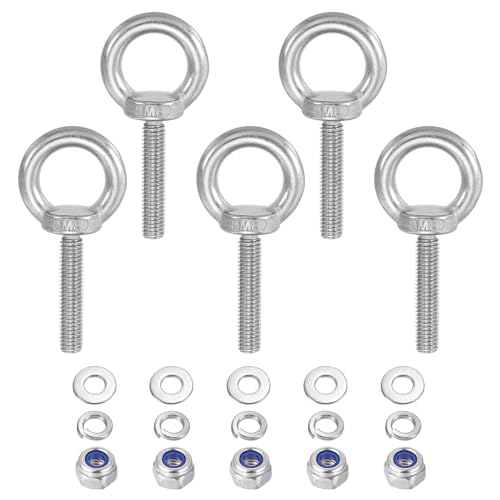 PATIKIL M8 x 50mm Lifting Shoulder Eye Bolt, 5Pcs 304 Stainless Steel Lifting Ring Threaded Eyebolt with Nuts Washers for Hanging Hammocks Articles