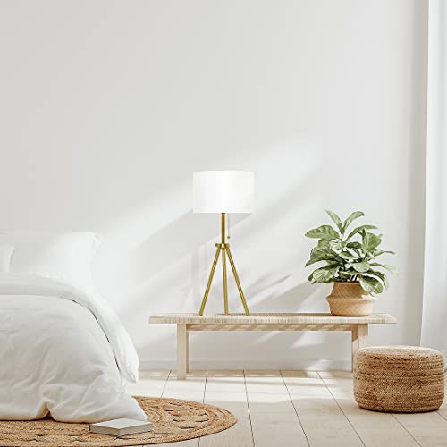 O’bright Tripod Table Lamp, Adjustable In Height, 100% Metal Body With Linen Drum Shade, Bedside Lamp, Nightstand Lamp, Side Table Lamp For Living Room, Bedroom, Office, Antique Brass #TOP5