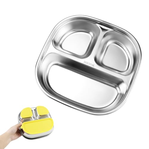 Vexran Plato infantil de acero inoxidable con ventosa, plato de acero inoxidable con ventosa, plato antideslizante para bebés con tres compartimentos y tapa transparente para comidas saludables del