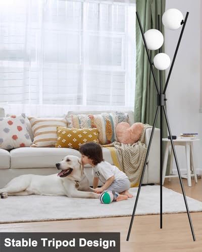Image of Lightdot 60IN Dimmable Black Tripod Floor Lamp Mid Century Standing Lamps with 3Pcs 3000K Bulbs Included Eye Care&Stable Base Modern Tall Lamp for Living Room /Sofa Beside /Corner Decor