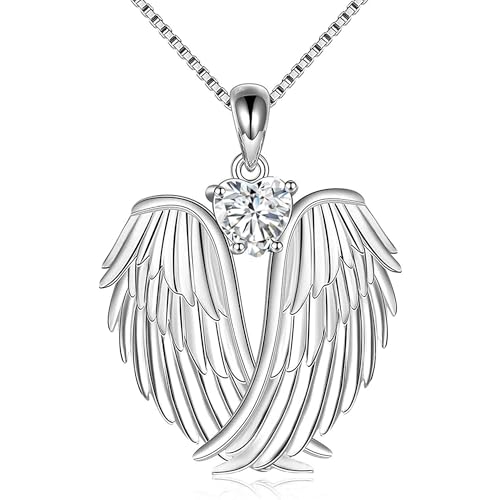 Image of YFN Angel Wings Necklace 925 Sterling Silver Guardian Angel Wings Pendant Necklace Birthstone Necklace for Women Girls Christmas Jewelry Gifts