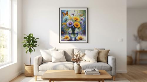 Image of MYBISYMQQ Stamped Cross Stitch Kits for Adults Beginners - Sunflower & Butterfly Flower Vase 11CT Pre-Printed Embroidery Kit, DIY Needlepoint Patterns for Home Wall Art Decor, 15.7x11.8 Inches