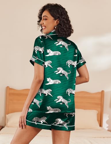 Image of Ekouaer Silk Pajamas for Women Short Sleeve Sleepwear Soft Button Down Loungewear 2 Piece Satin Pjs Shorts Set