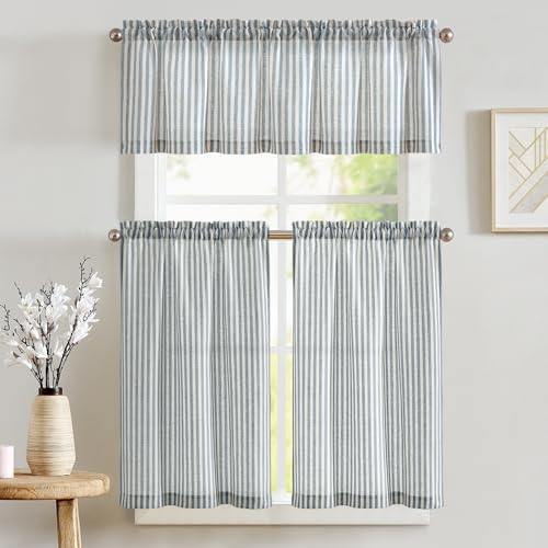 jinchan Linen Valance Striped Curtain 16 Inch and 36 Inch Striped Kitchen Curtain for Living Room Bathroom Farmhouse Kitchen Valance Charcoal Blue on Beige
