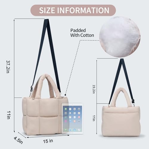 Image of Puffer Tote Bag for Women, Quilted Shoulder handbag for Travel, Work, Gym | nylon lightweight bag, waterproof, cloudy, zipper, compartments, nurse bag, adjustable crossbody strap