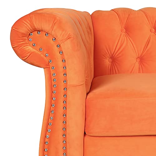 Image of ORRD Chesterfield Loveseat, Modern Velvet Sofa Tufted Couch 2 Seater with Scroll Arms and Nailhead for Living Room, Bedroom, Office, Apartment (Orange)
