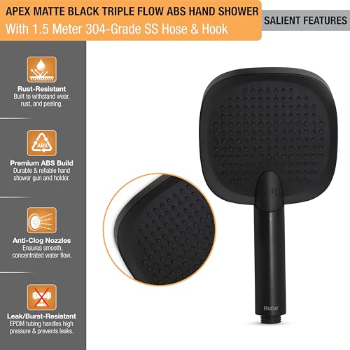 Image of Ruhe Apex Multi-Functional Triple-Flow Modes ABS Hand Shower with 1.5 Meter 304-Grade Stainless Steel Hose & Hook - Matte Black Finish