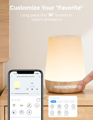 Image of Momcozy Smart Baby White Noise Sound Machine with App Control & Night Light | Toddler Sleep Trainer with 34 Soothing Sounds, Timer, Custom Personal Sleep Routine, Wood Grain