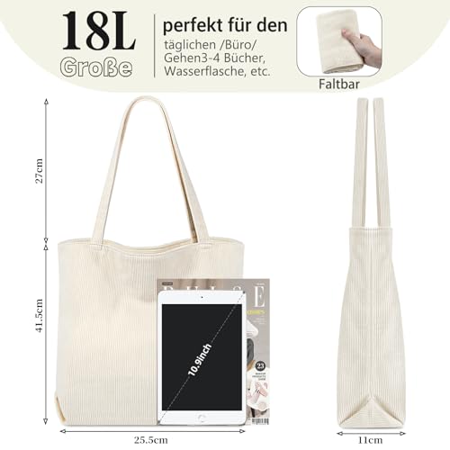 benpen Cord Uni Tasche Shopper Damen,Beige Schule Handtasche Groß Schultasche Umhängetasche Tote Bag Unitasche Arbeitstasche mit Reißverschluss Fächern,Geschenk für Sie Damen