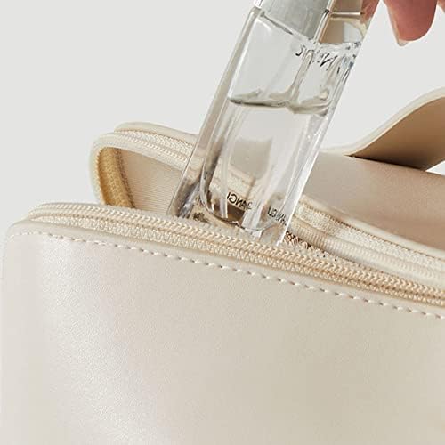 Large Capacity Travel Cosmetic Bag Leather Makeup Bag Portable Travel Toiletry Bag Waterproof Organizer with Handle and Zipper(White)