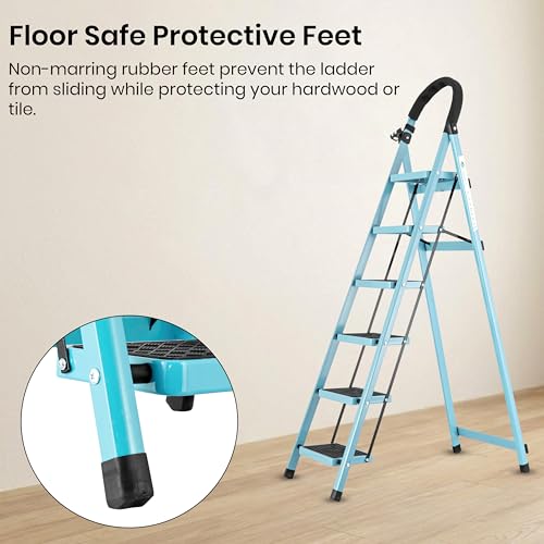 Image of Norman Jr Teal Blue 6 Step Ladder for Home Use with Built-in Tool Tray | Heavy Duty D Shape Rods | Ultra Large Platform | Wide Rubber Feet | 150Kg Capacity Foldable Ladder - 7 Years Warranty
