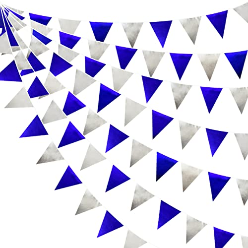Pink Blume 32Ft Bleu argenté Tissu Guirlande Brillant Fanion Bannière Triangle Drapeau banderoles Décoration de fête pour Anniversaire Bapteme Fiançailles Mariage Thème Pirate Décor de Fête Suspendue