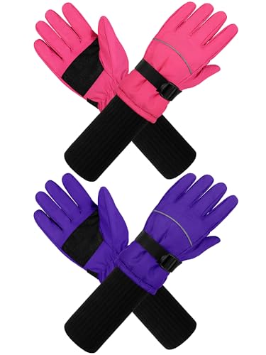 Cooraby 2 Pack Long Kids Winter Ski Gloves Waterproof Warm Snow Gloves Thick Unisex Mitten Gloves for Girls Boys