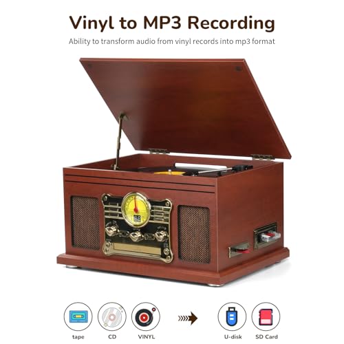 Image of FEKTIK Bluetooth Record Player 10 in 1, 3-Speed Turntable for Vinyl with Speakers, LP to MP3 Converter, CD, Cassette Player, FM Radio, Wireless Streaming | Mahogany