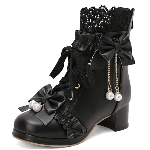 LUXMAX Women Lace Up Ankle Boots with Bow Kawaii Shoes Chunky Mid Heel Japanese Cosplay Shoes Platform Cute Lolita Boots