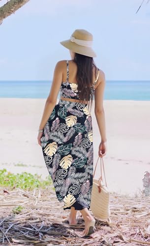 Image of Women Sexy 2 Piece Outfits Dress Chiffon Strap Deep V Neck Bra Crop Top High Split Maxi Dresses Skirt Set