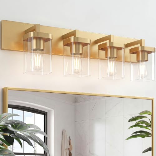 Image of Bathroom Lighting Fixtures Over Mirror, Square Design & Rectangle Large Backplate, 4 Lights Modern Vanity Lighting Fixtures, Bathroom Light Fixtures for Bathroom /Living Room /Bedroom, Gold