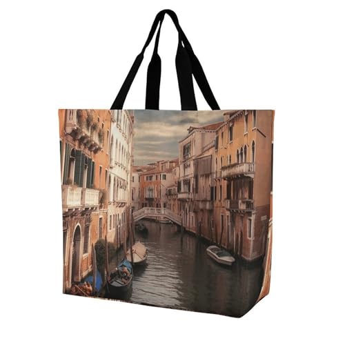 Beautiful Venice Canal View Large Grocery Tote Bag Women Fashion Handbag Duty Reusable Shoulder Bag for Travel Vacation Shopping Beach Bags