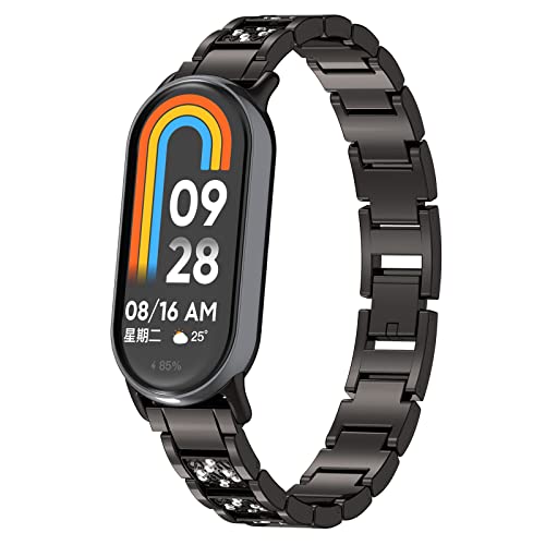 Metal Correa Compatible con Xiaomi Smart Band 9/Band 10 Correa, Crystal Bling Glitter Diamonds Rhinestones Joyas Pulsera de Metal Pulsera Correa de Repuesto para Mujer Hombre (Negro)