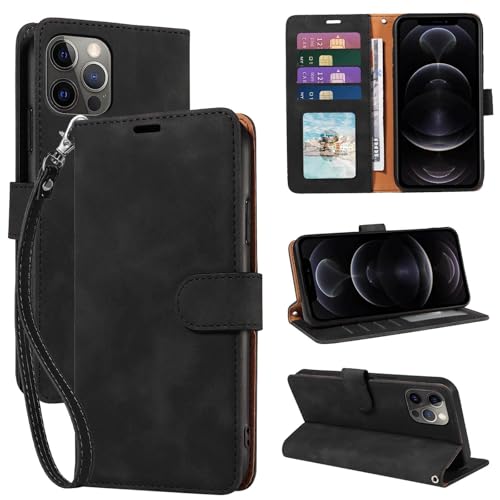 JHWVVTF for iPhone 12 Case Wallet for iPhone 12 Pro Case [RFID Blocking 4 Card Slots] [Kickstand] [Wrist Strap] [Magnetic Closure] Soft PU Leather Shockproof Protective Flip Cover (Black)