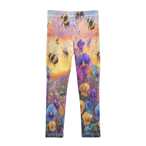 Boccsty Bumblebees Colorful Flowers Painting Girls Leggings Kids Yoga Pants Dance Active Tights 4T2