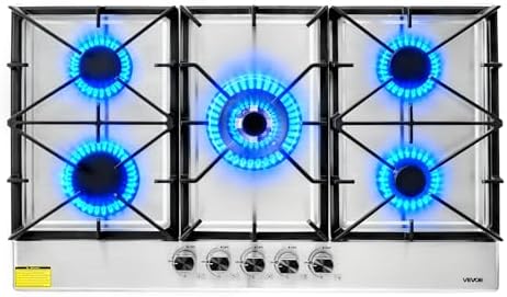 VEVOR 36 inch Gas Cooktop 5 Burners Gas Stove Top, Max 38300BTU Built-in Stainless Steel Stove Top LPG/NG Convertible Dual Fuel Cooktop Stoves with SABAF Dual-Ring Burner for Kitchen Apartment Rvs