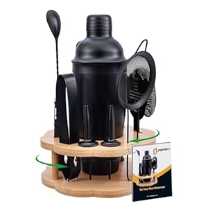 Cocktail Shaker Set Bartender Kit with Rotating Bamboo Stand,11 Piece Bar Set Stainless Steel Bar Tools Set with Recipes Booklet (Frosted Black)