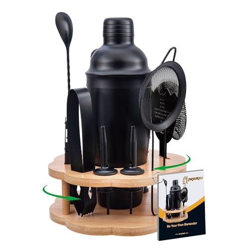 Cocktail Shaker Set Bartender Kit with Rotating Bamboo Stand,11 Piece Bar Set Stainless Steel Bar Tools Set with Recipes Booklet (Frosted Black)