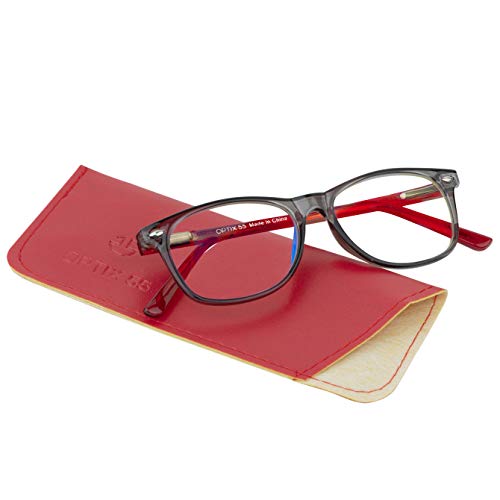 Blue Light Blocking Glasses Girls & Boys | Anti Eyestrain Blue Light Glasses Kids Computer Gaming Glasses (Ages 3-10) | Flexible Grey Square Frames with Red Temples Video Phone Screen Eyeglasses