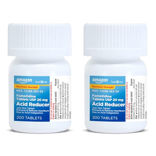 Image of Amazon Basic Care Maximum Strength Famotidine Tablets, 20 mg, Acid Reducer for Heartburn Relief, Prevents & Relieves Heartburn, 400 Count Pack