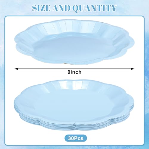 Image of NatNarr 30 Pcs Light Blue Paper Plates 9 Inch Scalloped Dinner Plates | Dinner Plate Disposable Summer Party Plate for Wedding, Boy Baby Shower, Birthday, Party