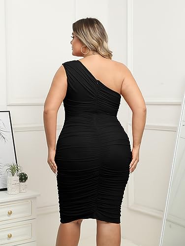 LAGSHIAN Womens Plus Size Dresses Sexy Bodycon One Shoulder Sleeveless Ruched Midi Party Dress3
