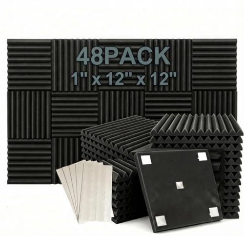 50 Pack Black 12 "X 12 "X1" Acoustic Panels Studio Soundproofing Foam Wedge Tiles(Accompanied By Double-Sided Adhesive Tape)