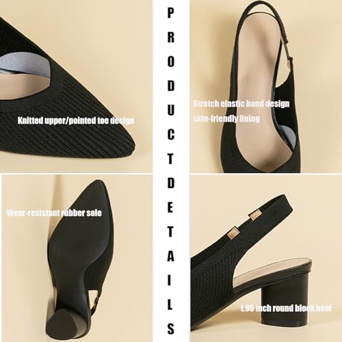 Women's Knitted Pointed Toe Slingback Heels Pumps,Comfortable Elastic Band Chunky Heel Sandals Low Heel Slip On Casual Work Office Dress Shoes2