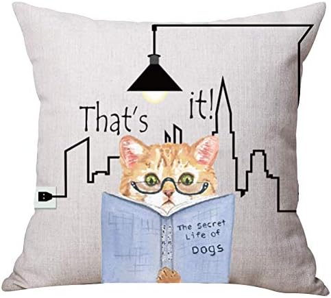 ASTIHN Reading Book Cat Find The Secret of The Dog Light Line Plug Cotton Linen Throw Pillow Cover Cushion Case Home Chair Office Decorative Square 18 X 18 inches