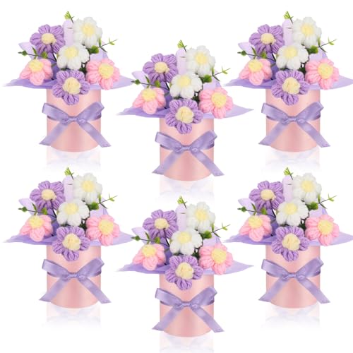 Willinglong 6 Set Mother's Day Crochet Puff Flowers Potted Plants, 4.7" x 5.9" Mini Artificial Knitted Flowers Bouquets with Gift Bag for Women Table Centerpiece Decoration(Multicolored,Classic)